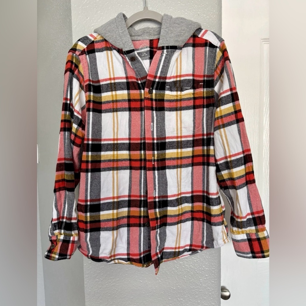 Wonder Nation Red and Yellow Plaid Boys Button Down Shirt with Hood Size L 10-12